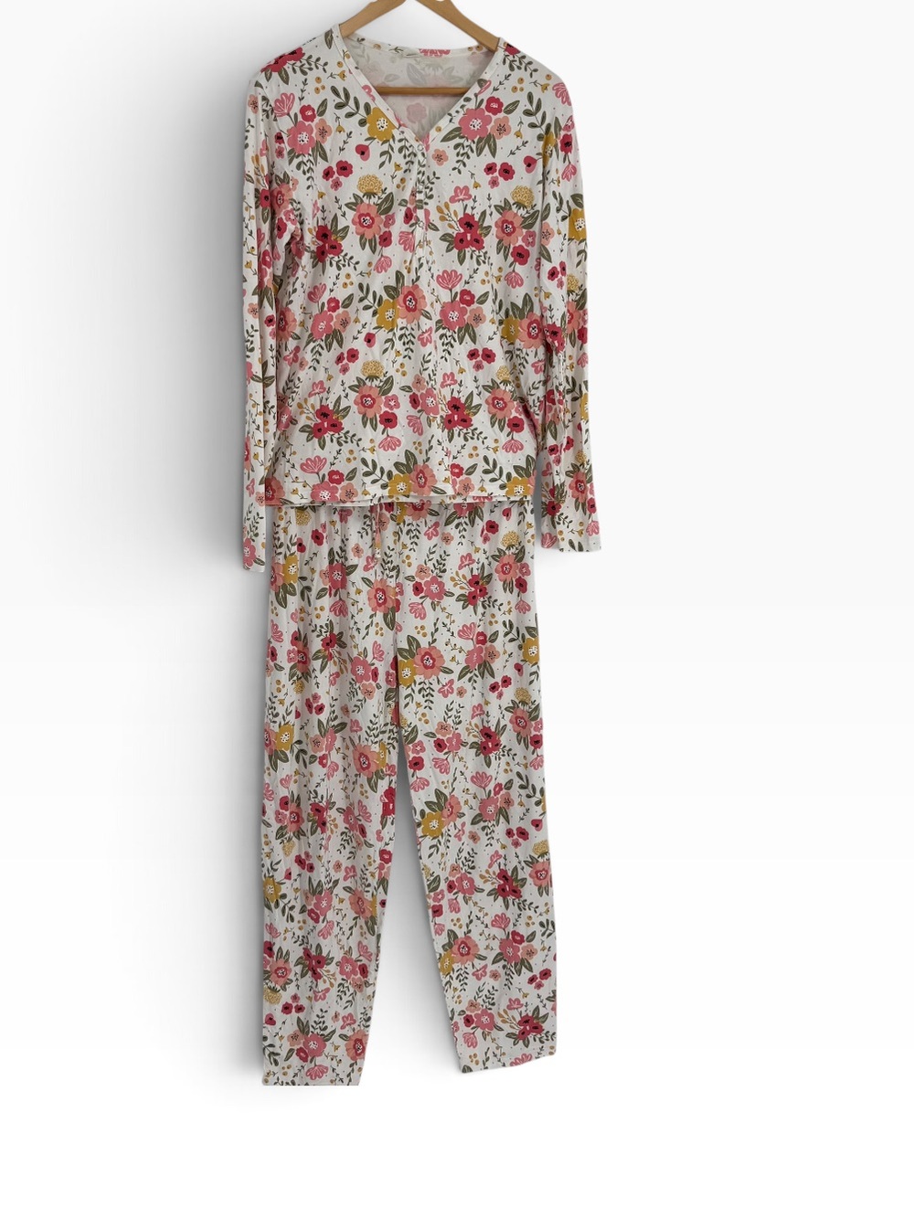 Tesa Babe Women's Floral Bamboo Pajama Set Size S Cream Pink 2-piece Set V-neck